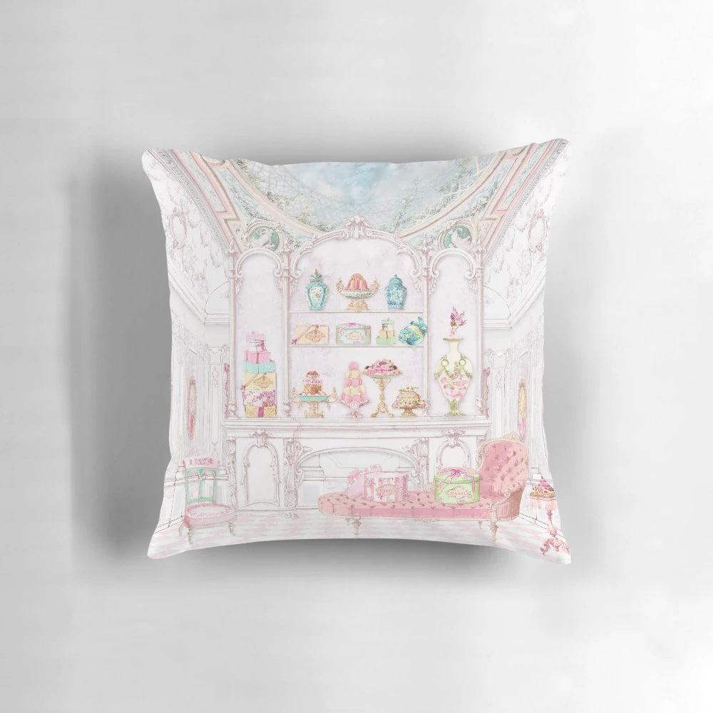 Pillow featuring a watercolor illustration of a French patisserie in Paris, with cakes, pastries, and vintage architectural details.