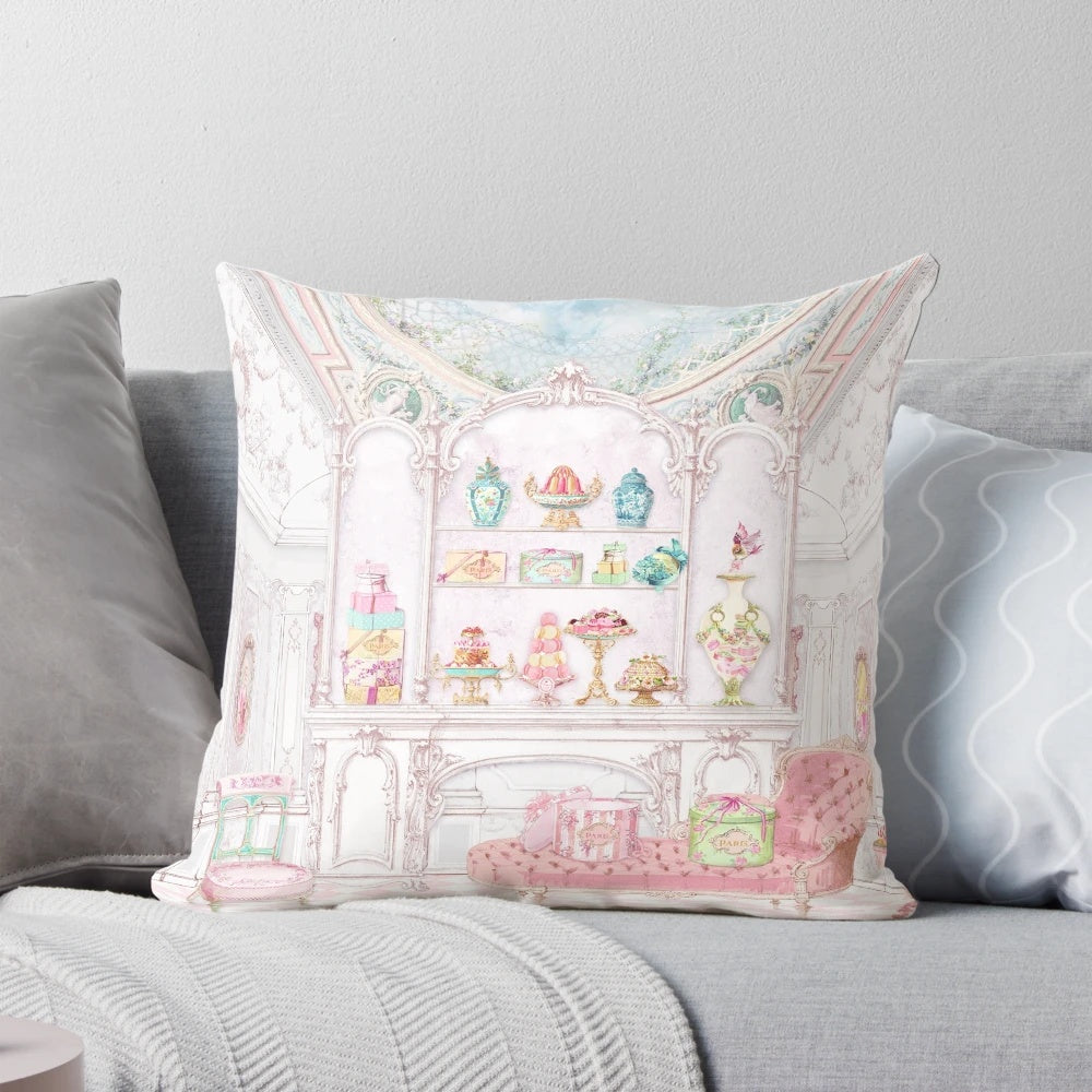 Pillow featuring a watercolor illustration of a French patisserie in Paris, with cakes, pastries, and vintage architectural details.
