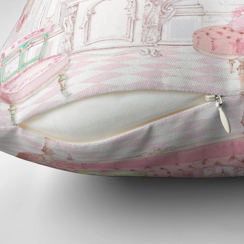 Pillow featuring a watercolor illustration of a French patisserie in Paris, with cakes, pastries, and vintage architectural details.