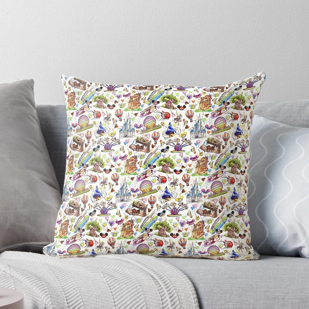 A plush pillow designed for Disney park hopper vacations, featuring iconic rides and attractions.