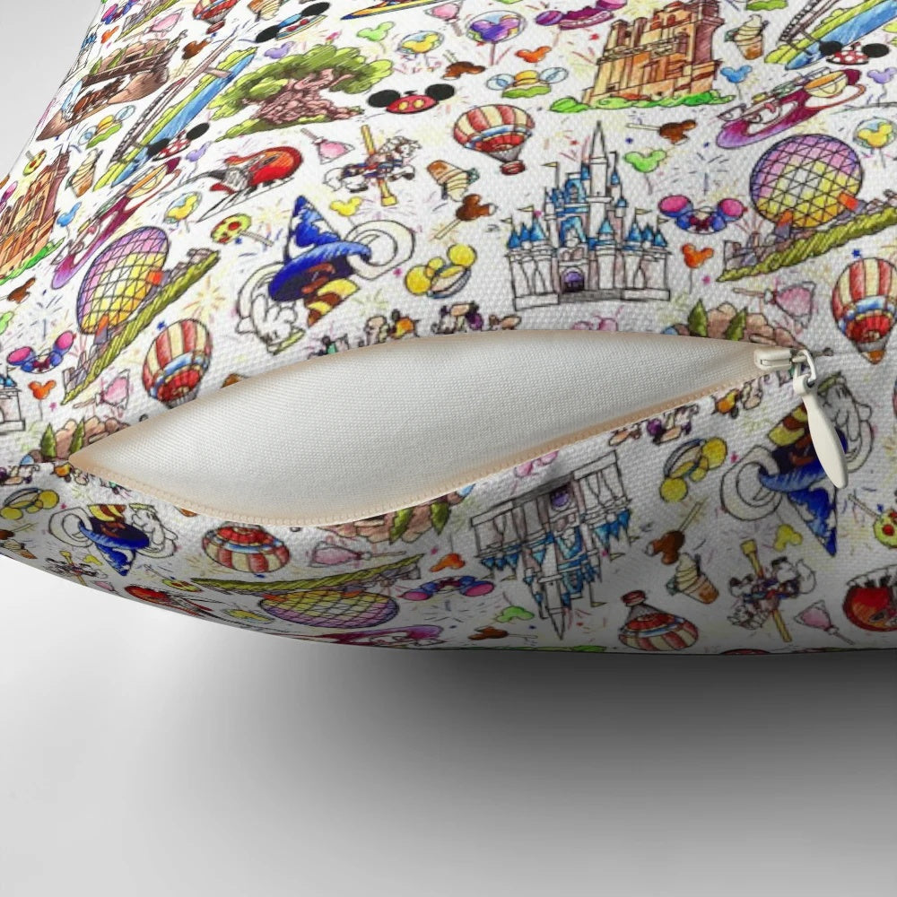 A plush pillow designed for Disney park hopper vacations, featuring iconic rides and attractions.