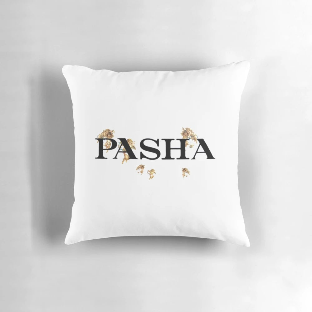 Pashanim logo printed on a soft, plush decorative pillow