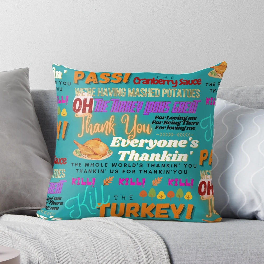 A vibrant throw pillow featuring the text "Pass the Cranberry Sauce" in a festive Thanksgiving design.