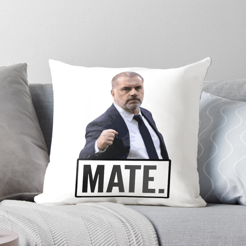 Decorative pillow featuring the likeness of Ange Postecoglou, a beloved figure in Australian and international football.