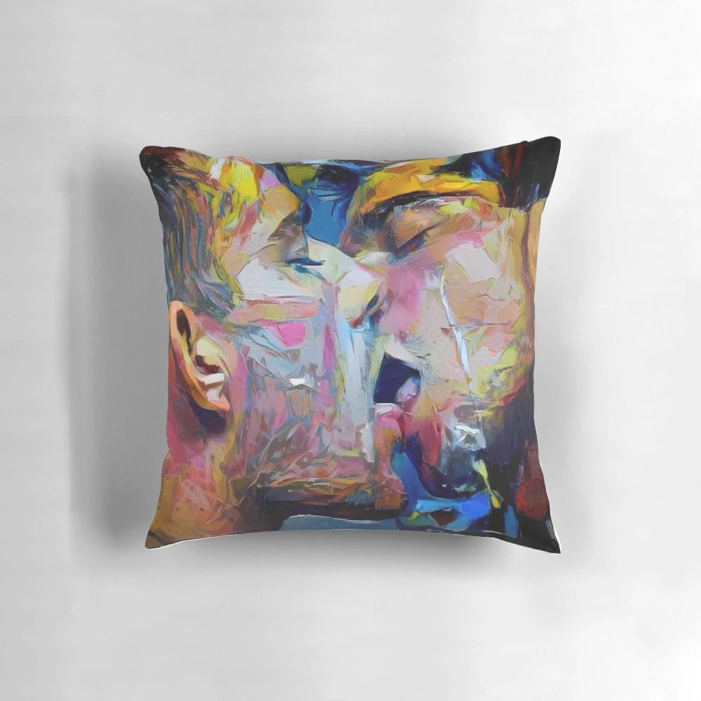A sensual pillow featuring a captivating gay embrace, ideal for décor or gift-giving.