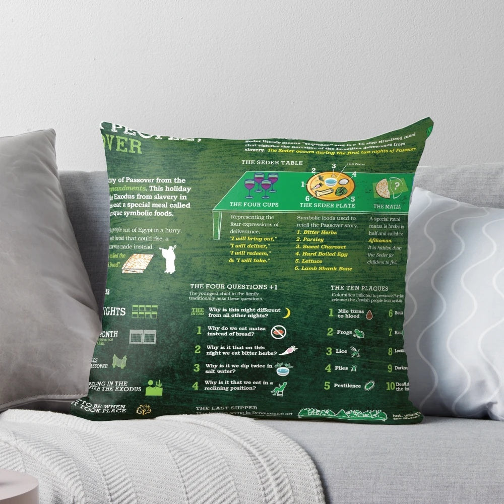 Decorative pillow featuring an infographic that explains the Jewish holiday of Passover