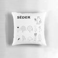 Decorative pillow featuring Passover seder elements like matzah, maror, and the 10 plagues
