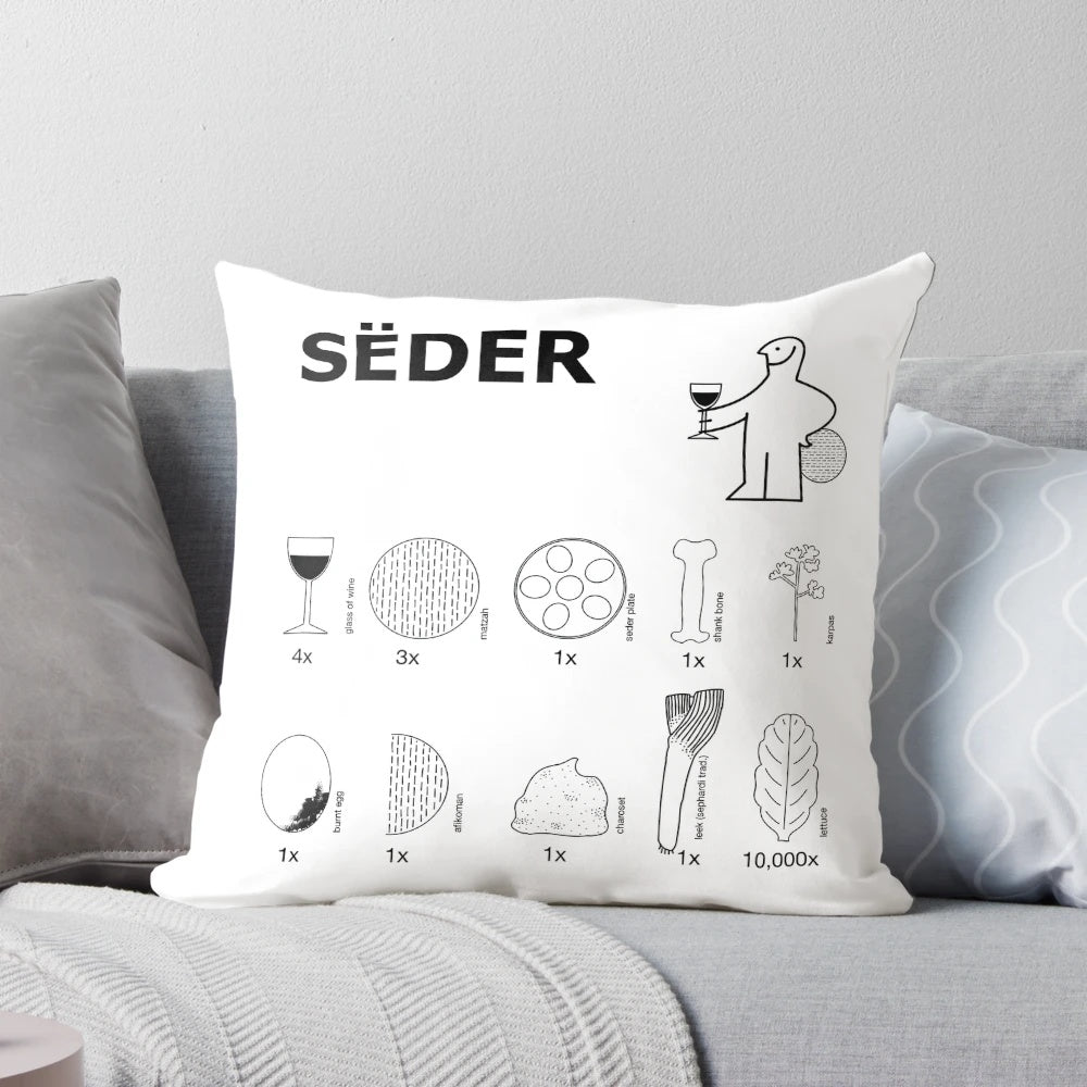 Decorative pillow featuring Passover seder elements like matzah, maror, and the 10 plagues