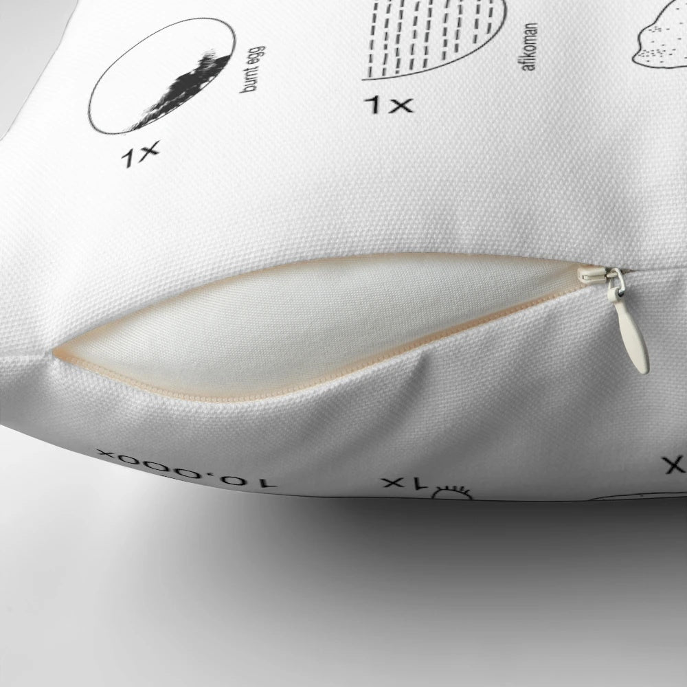 Decorative pillow featuring Passover seder elements like matzah, maror, and the 10 plagues