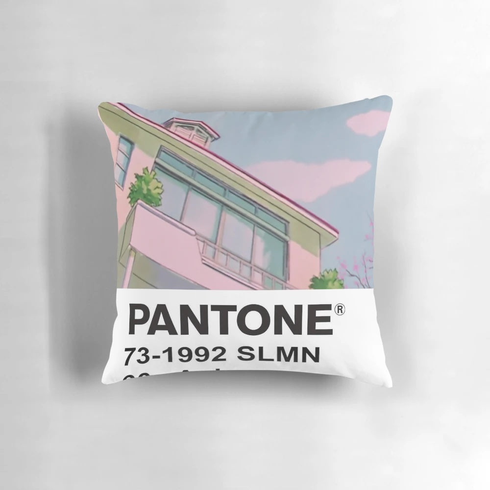 Soft pink and blue Pantone-inspired anime-style pillow with a retro vaporwave aesthetic.