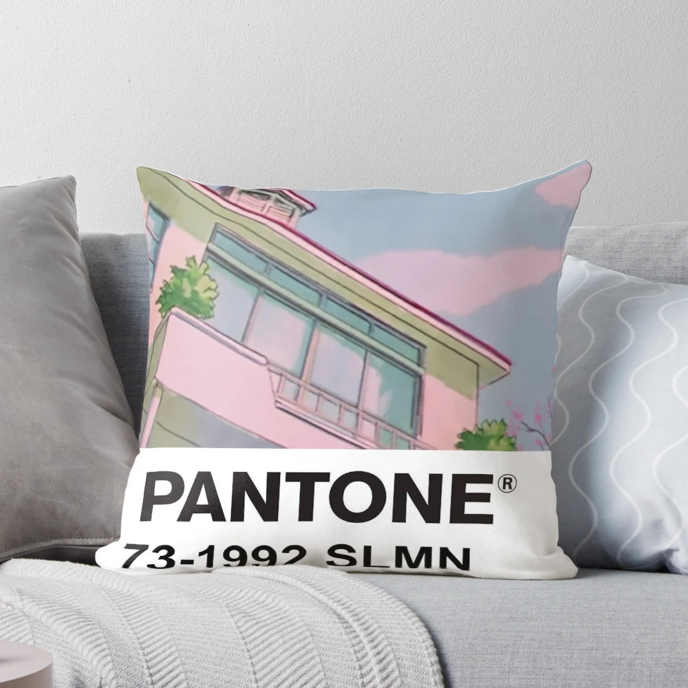 Soft pink and blue Pantone-inspired anime-style pillow with a retro vaporwave aesthetic.