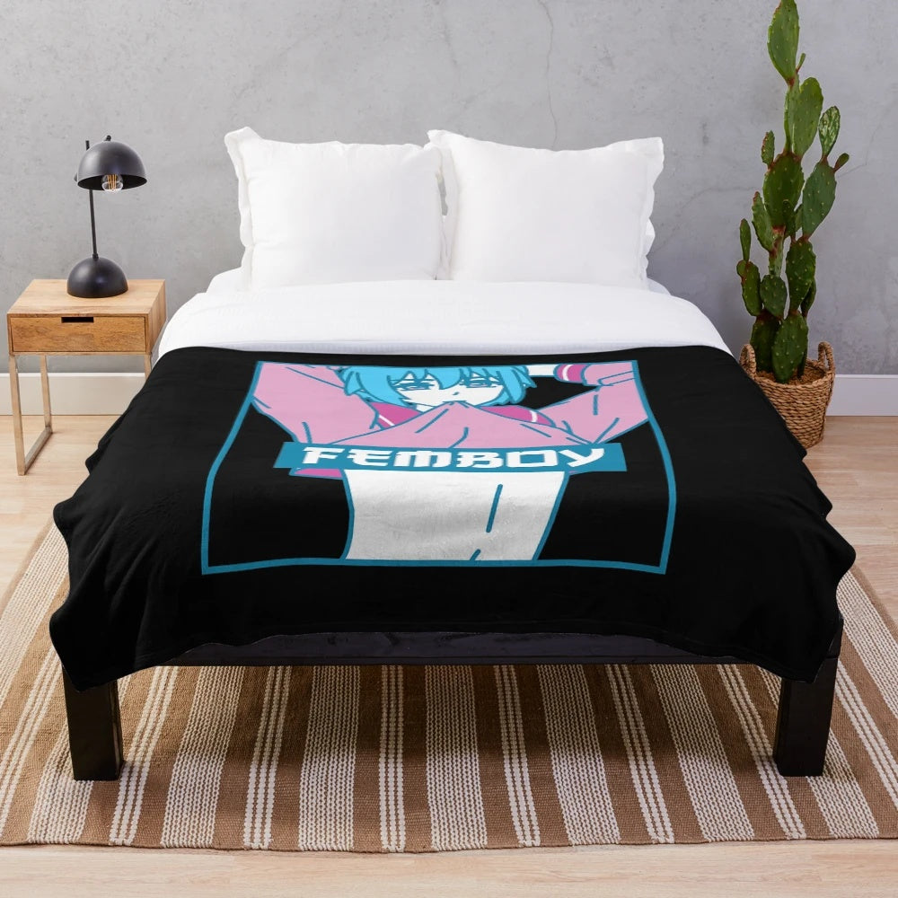 Soft, cozy plush blanket featuring a pastel-colored crossdressing anime boy character