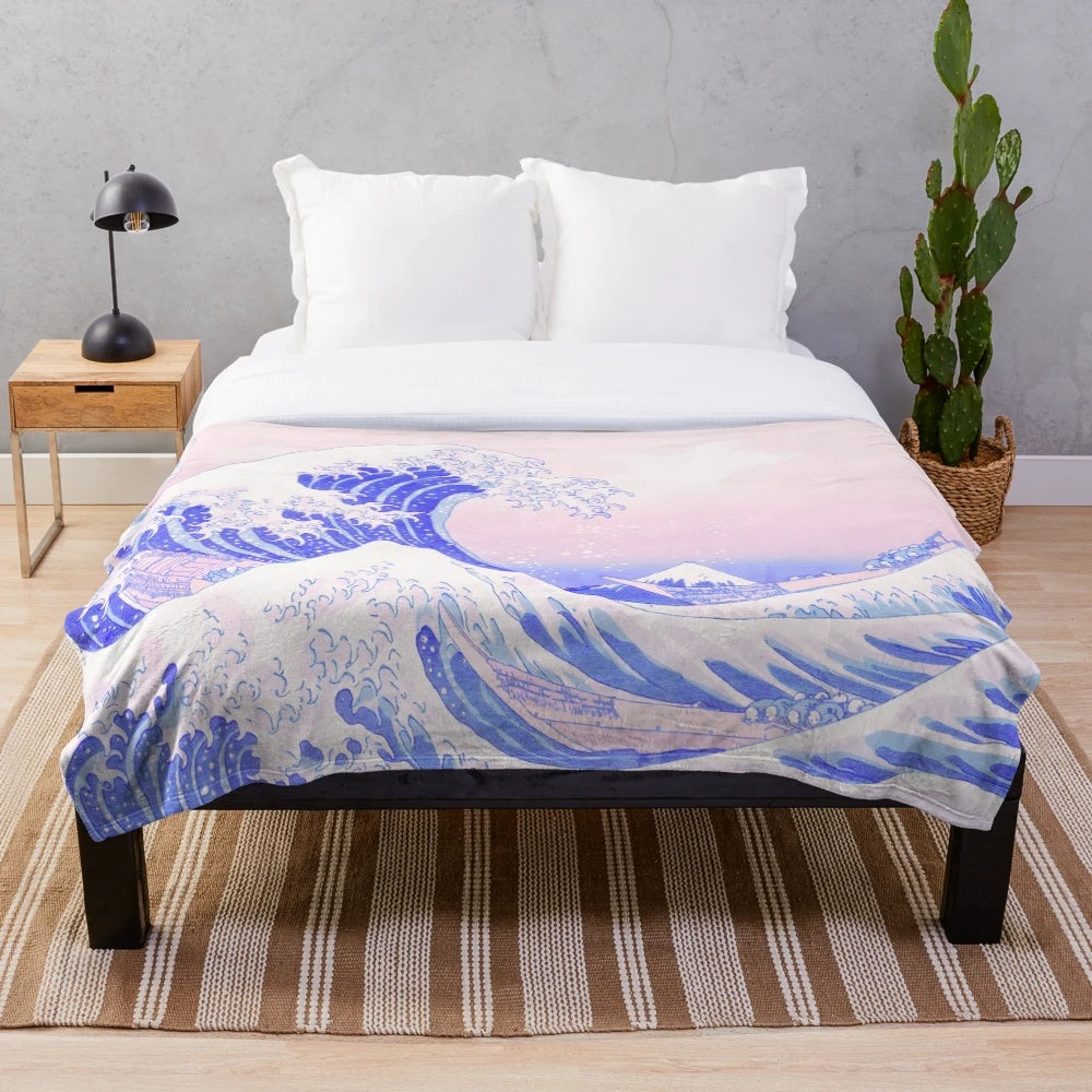 Pastel aesthetic Great Wave Kanagawa inspired kawaii plush blanket