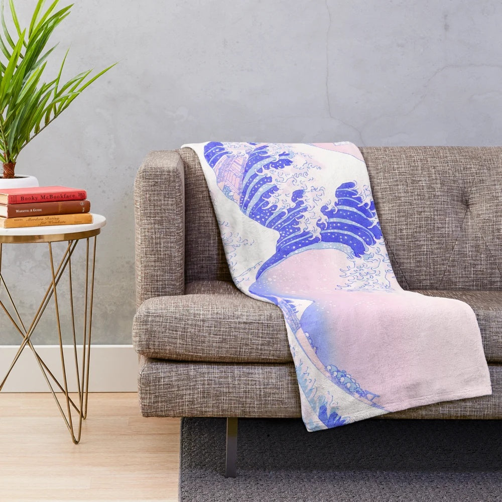 Pastel aesthetic Great Wave Kanagawa inspired kawaii plush blanket