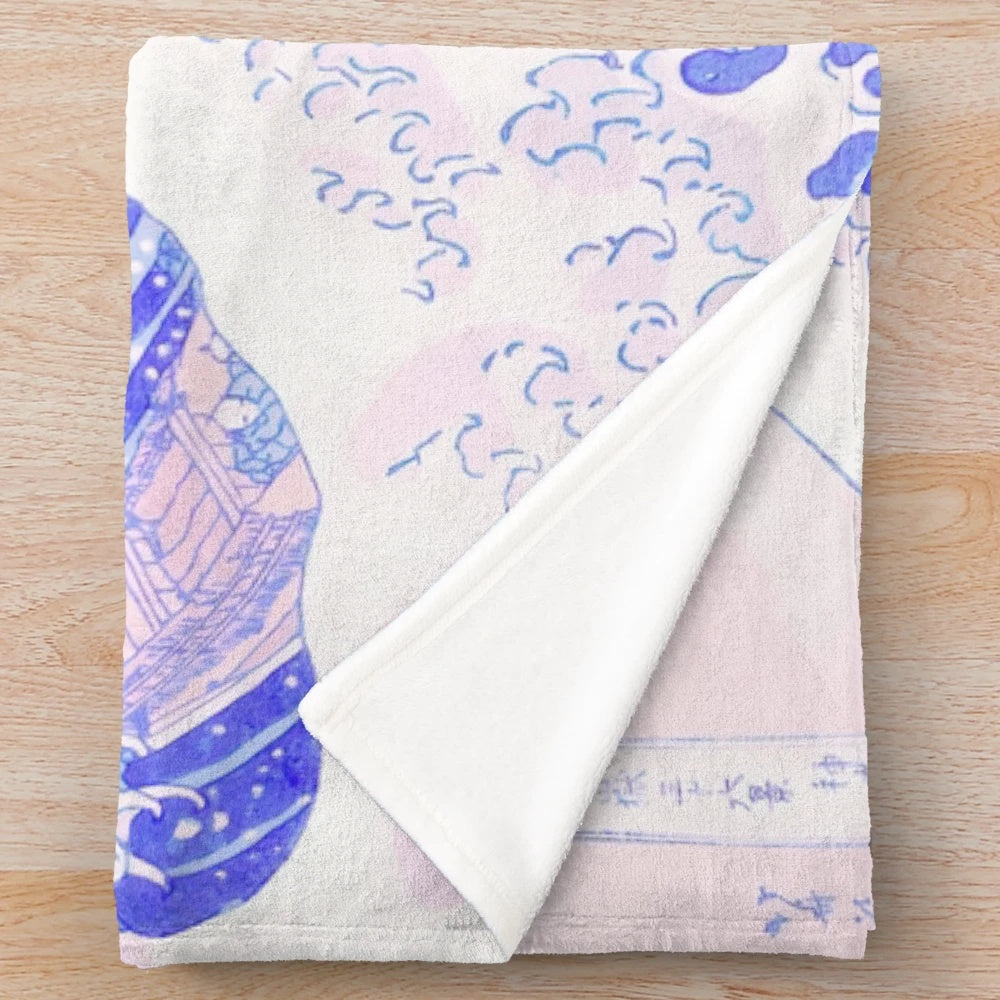Pastel aesthetic Great Wave Kanagawa inspired kawaii plush blanket