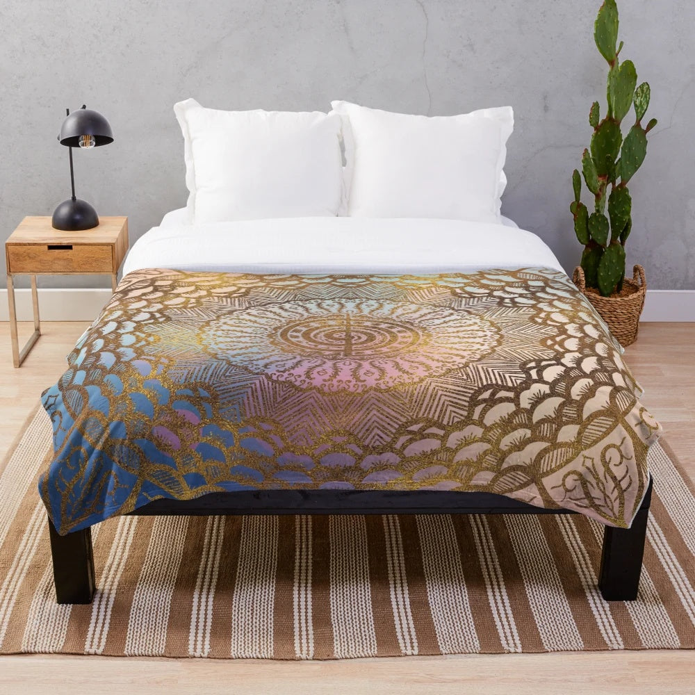 Pastel and gold mandala plush blanket with reiki choku rei symbol