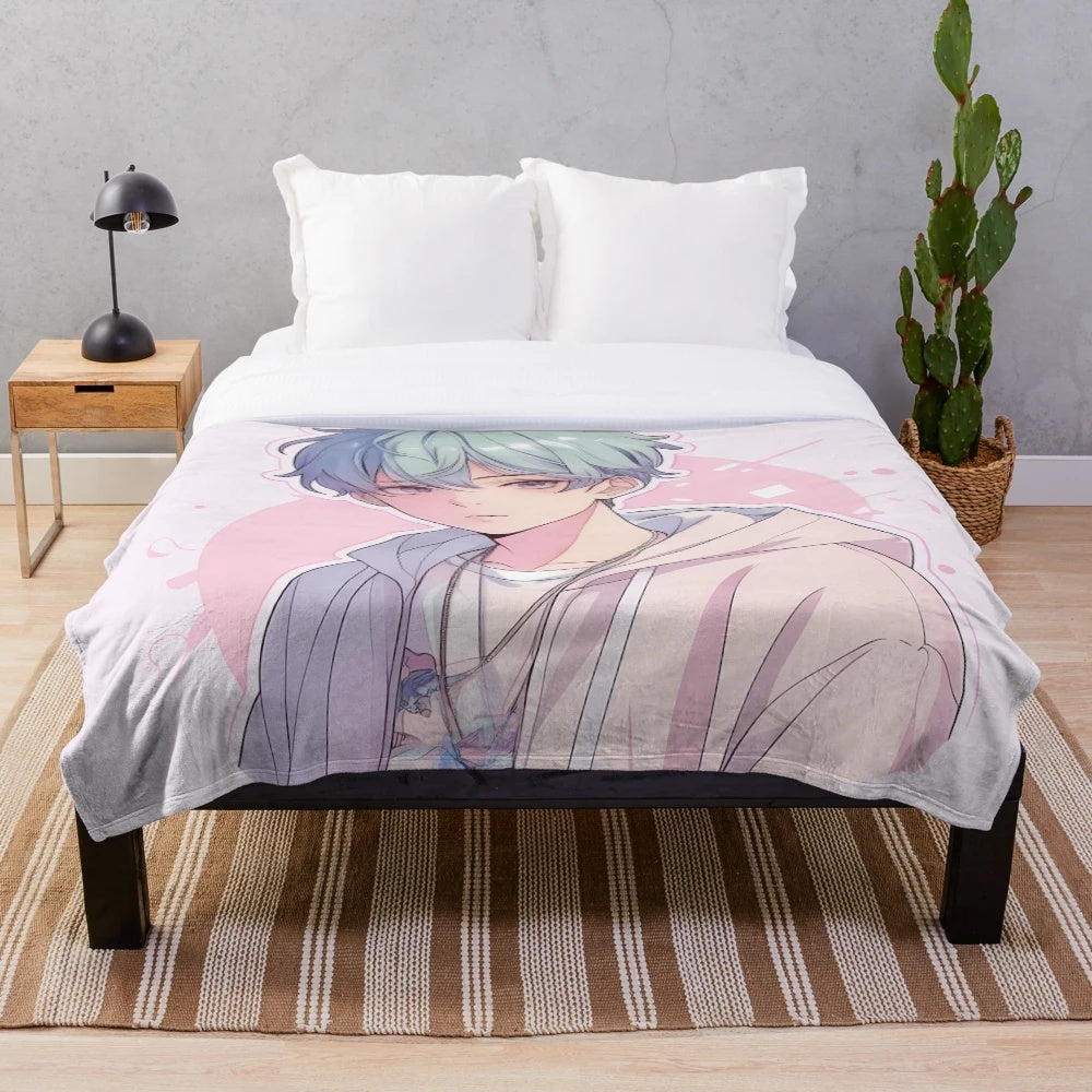 Pastel anime-inspired plush blanket with cute cartoon character design