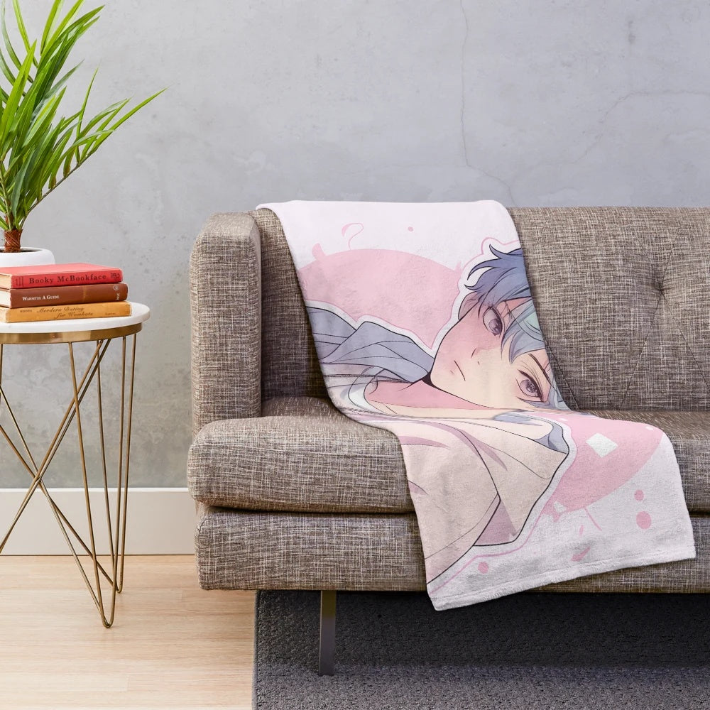 Pastel anime-inspired plush blanket with cute cartoon character design