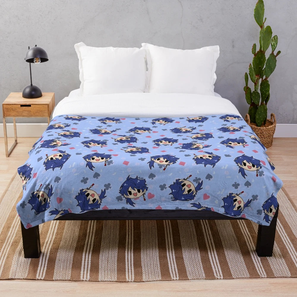 Pastel blue plush blanket with dice casino pattern design
