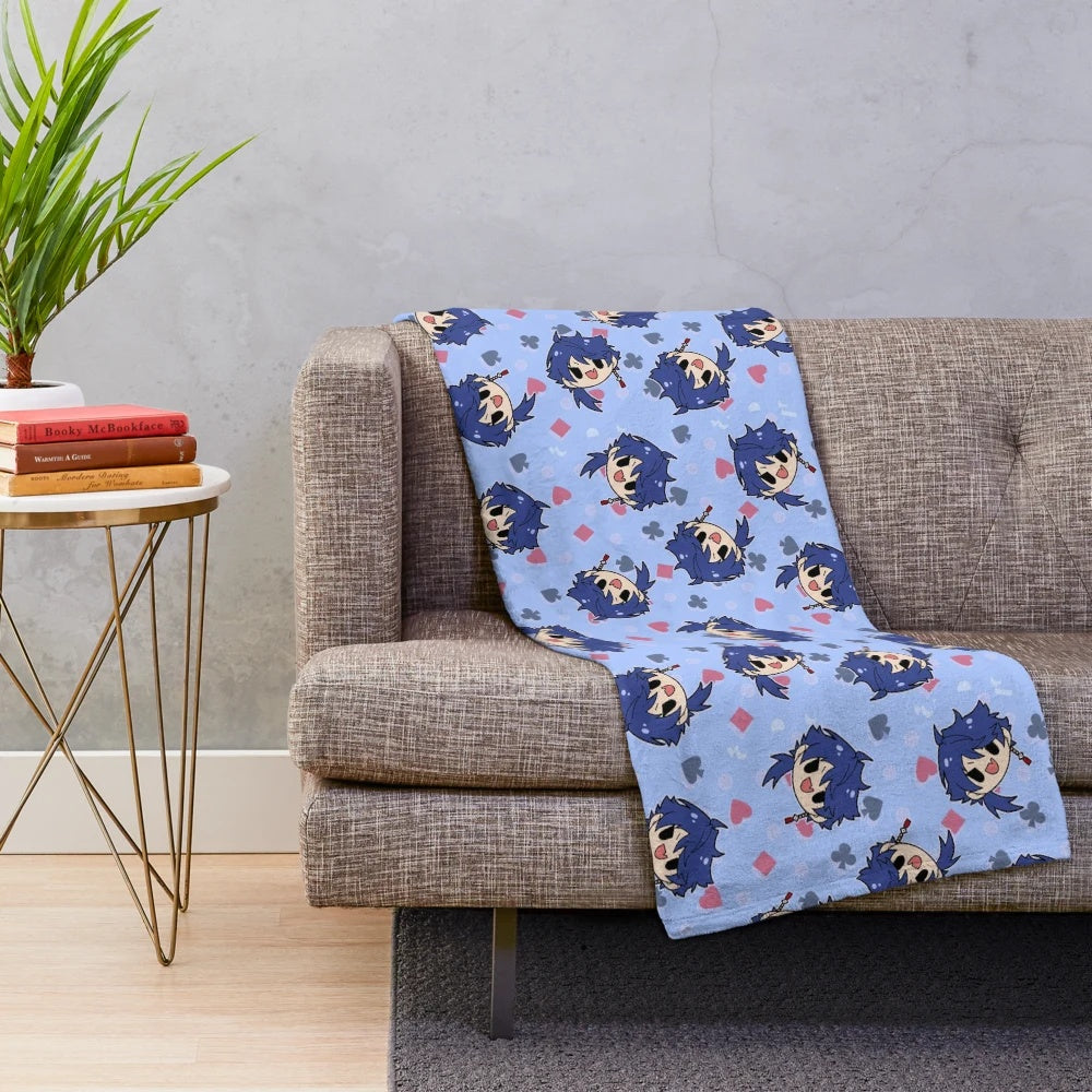 Pastel blue plush blanket with dice casino pattern design