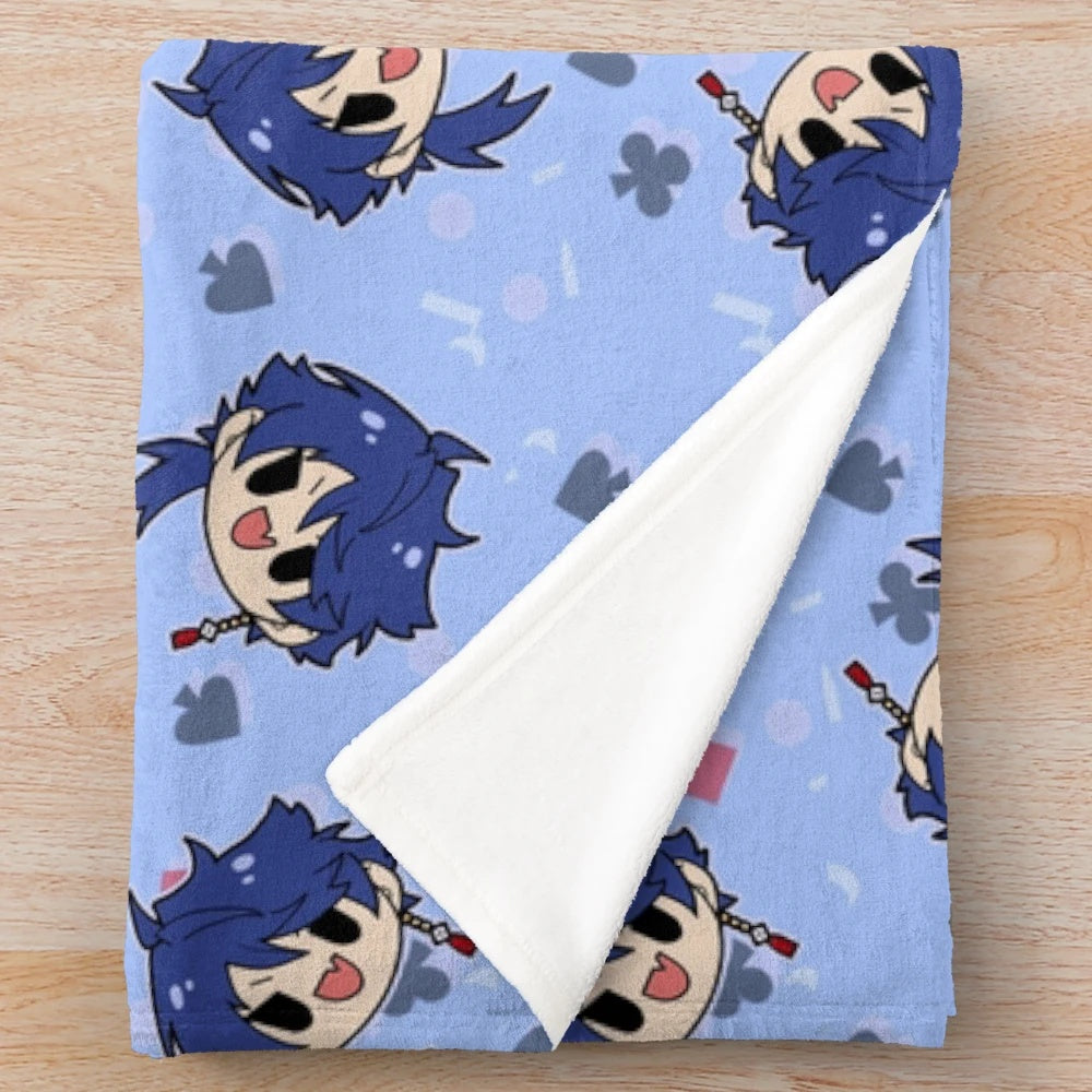 Pastel blue plush blanket with dice casino pattern design