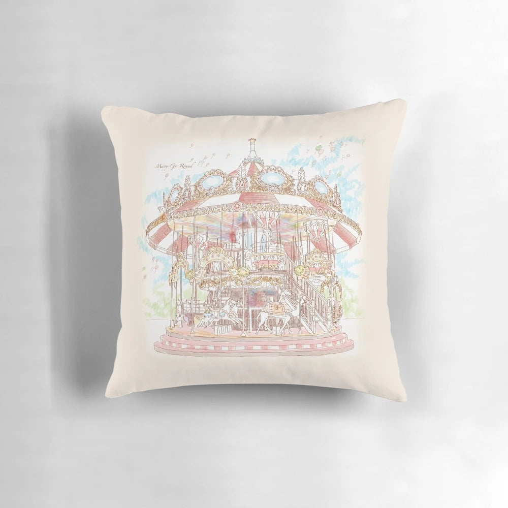 Pastel carousel-themed decorative pillow with watercolor design and soft, plush fabric