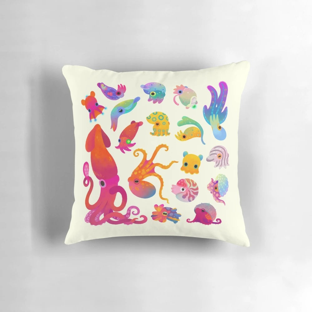 Pastel-colored pillow featuring a whimsical cephalopod design, perfect for adding a touch of marine life to your home.
