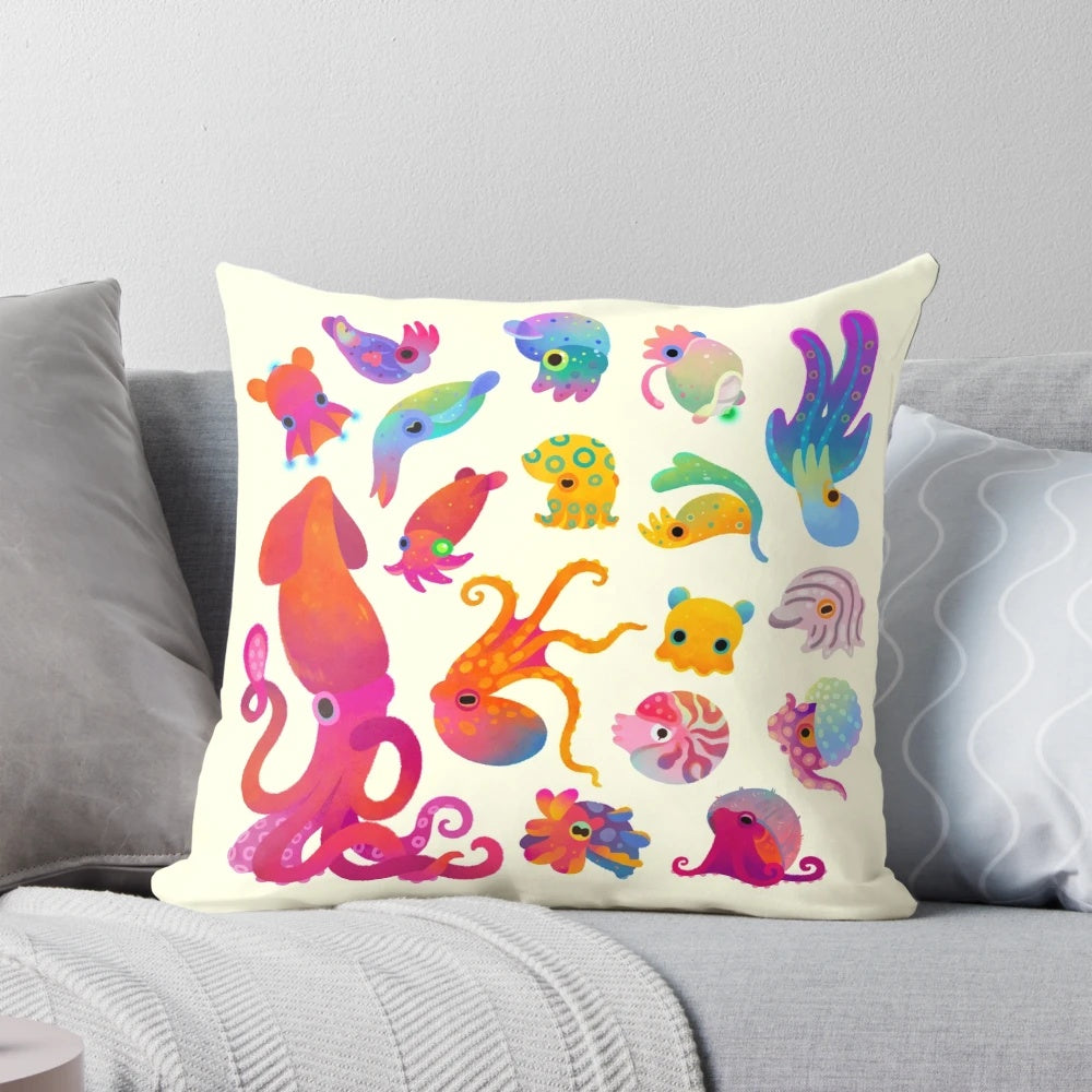Pastel-colored pillow featuring a whimsical cephalopod design, perfect for adding a touch of marine life to your home.