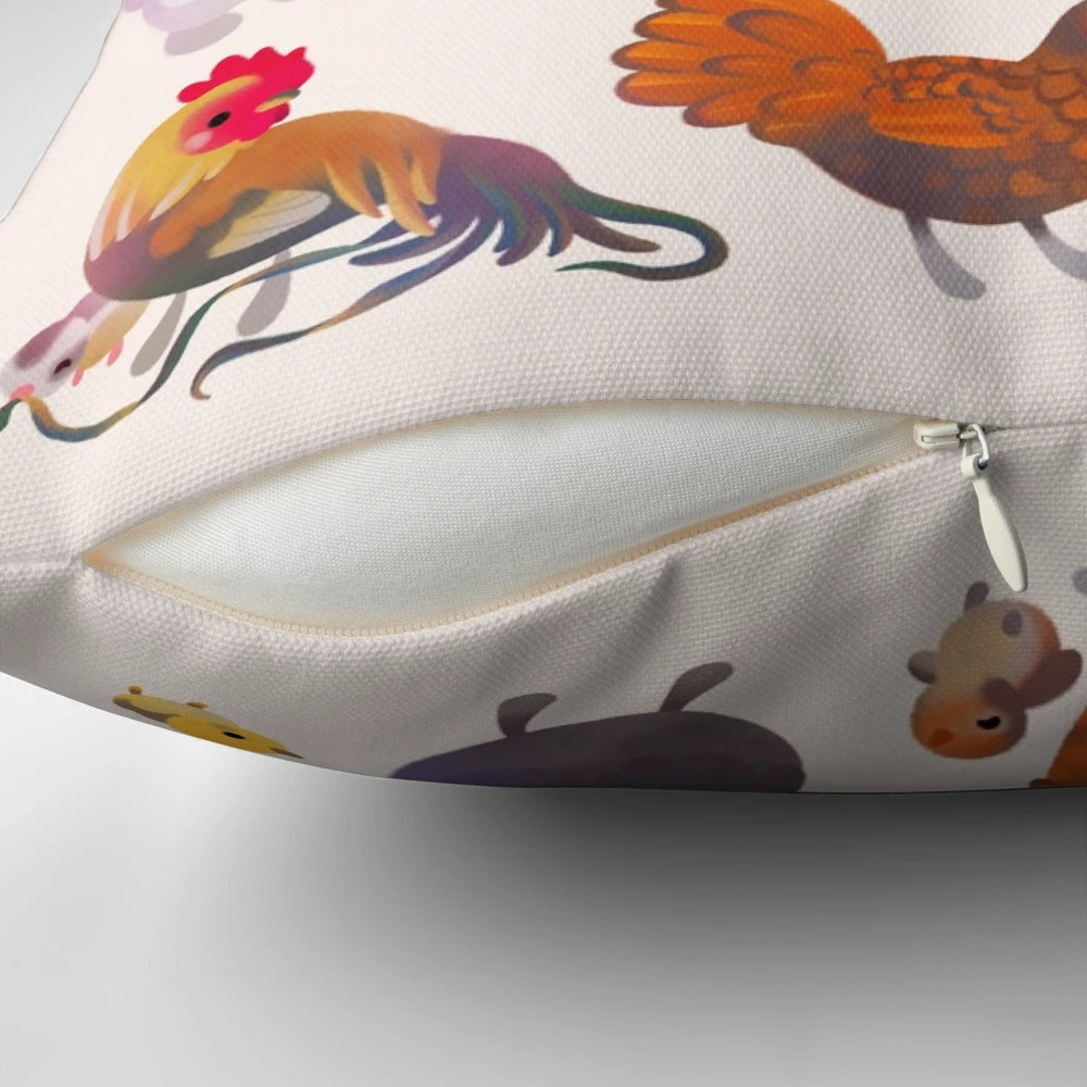 A pastel-colored pillow featuring an illustration of a chicken and chick