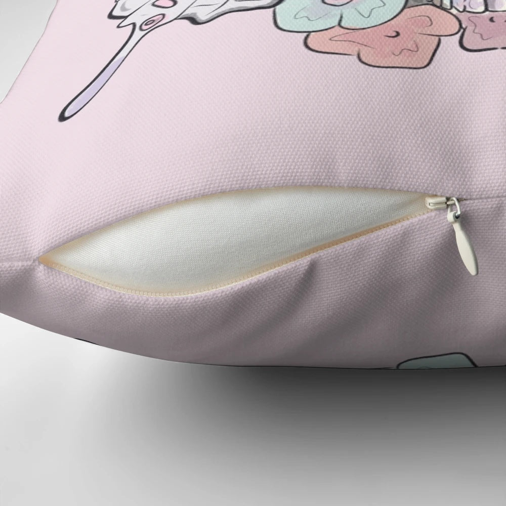 A pastel-colored pillow featuring a striking image of a death moth or butterfly skull, creating a darkly elegant and eerie décor piece.