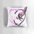 A soft, pastel-colored pillow with a detailed, hand-drawn demon illustration.