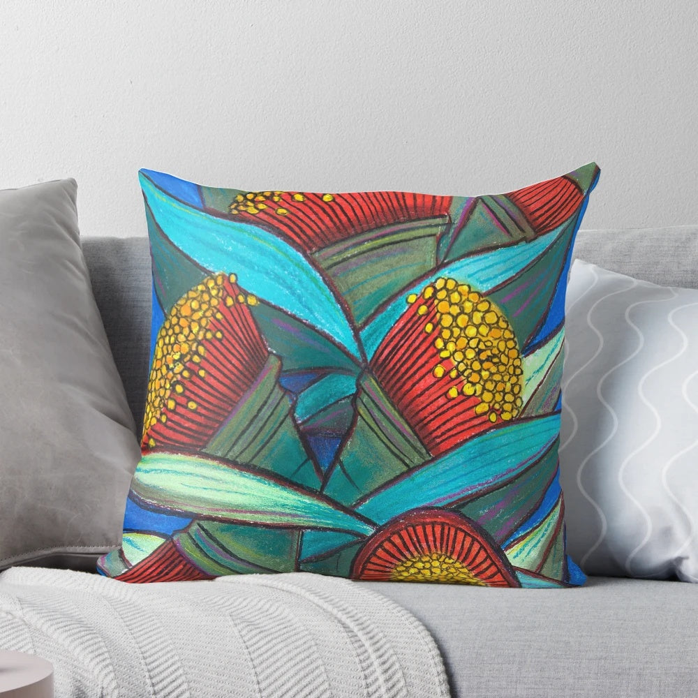 Soft pastel-colored pillow featuring a delicate eucalyptus flower cluster design