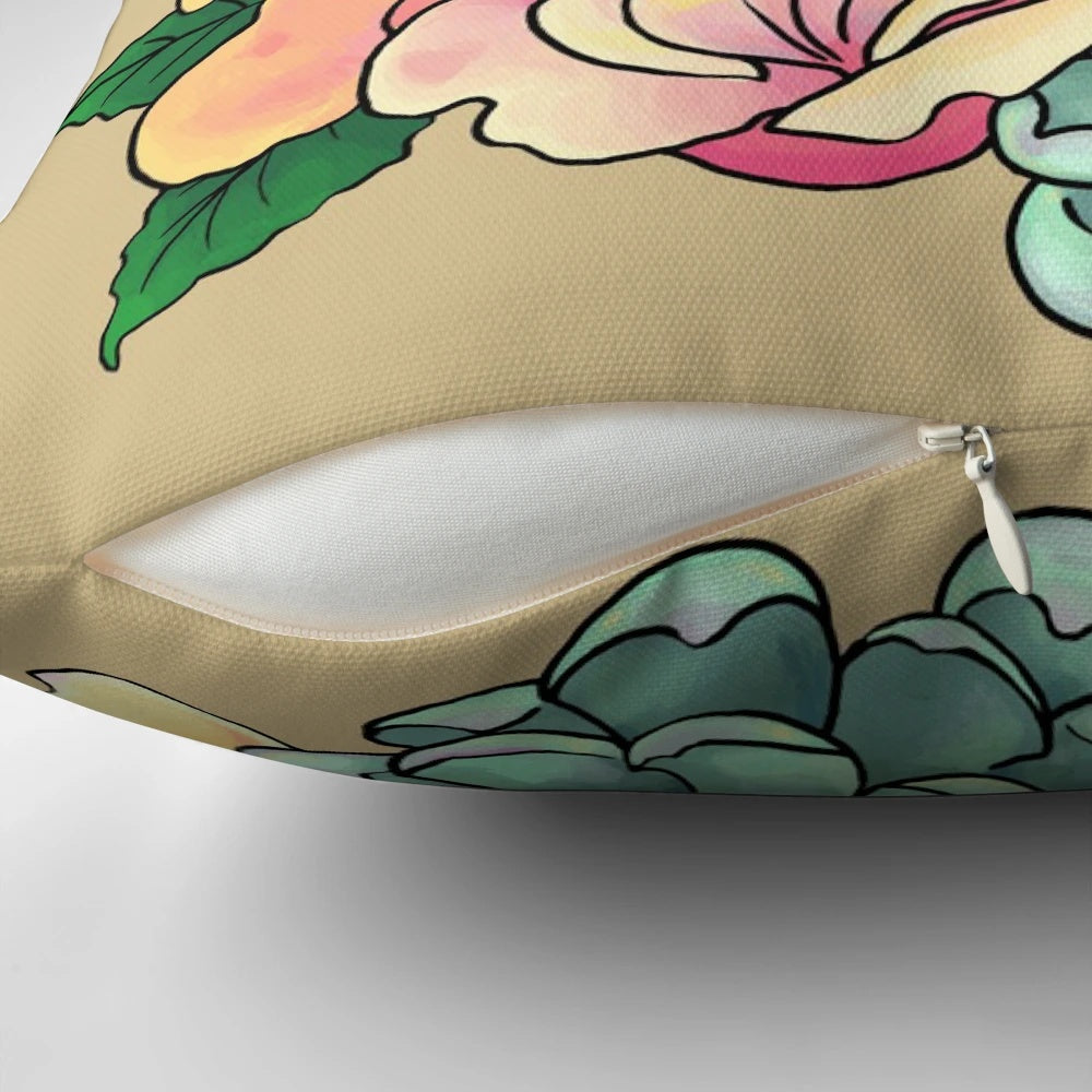 Pastel-colored pillow featuring a bearded dragon design with floral and botanical elements