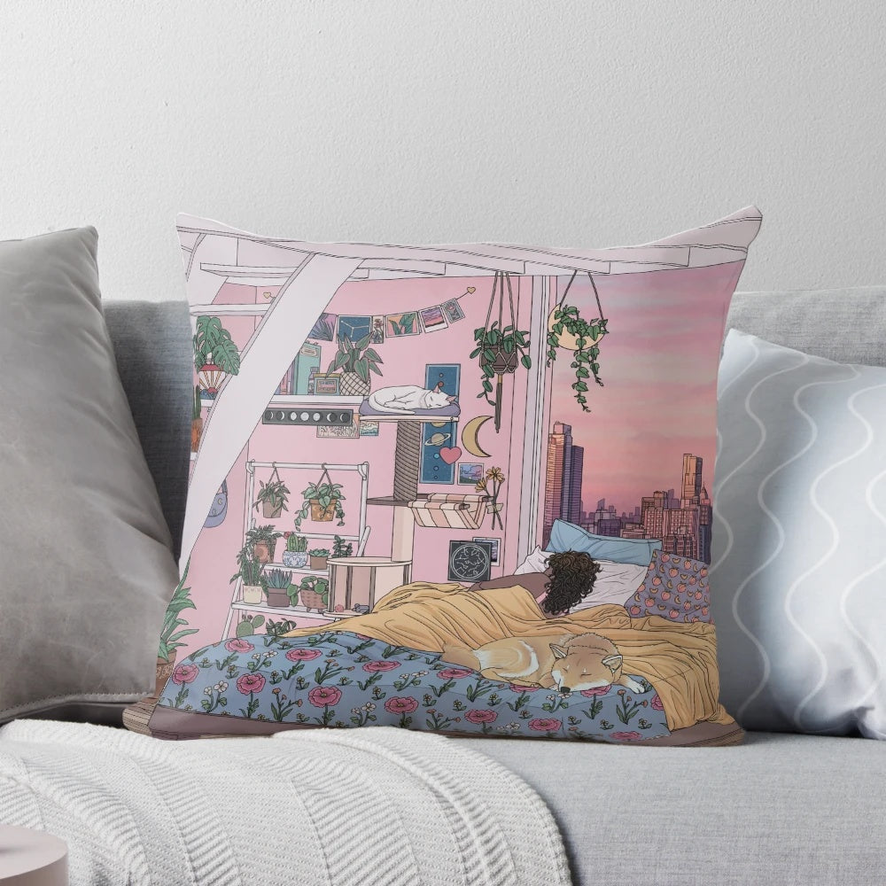 Pastel floral print pillow with moon and constellation design for a cozy, aesthetic bedroom