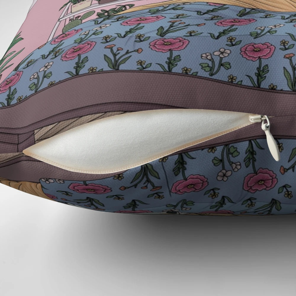 Pastel floral print pillow with moon and constellation design for a cozy, aesthetic bedroom