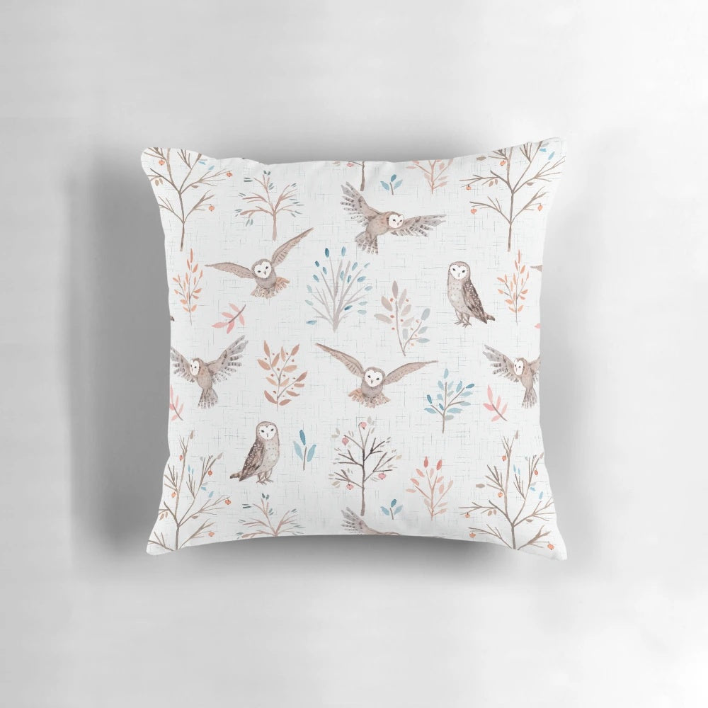 Pastel forest design with owls and other woodland animals