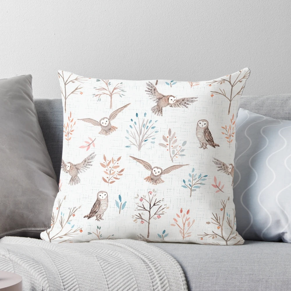 Pastel forest design with owls and other woodland animals