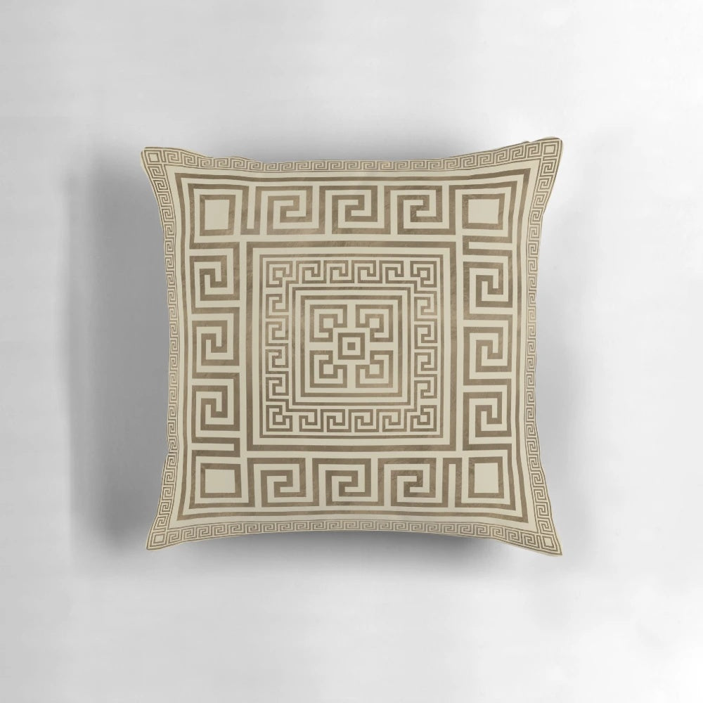Pastel gold decorative throw pillow featuring a classic Greek key meander pattern, a timeless geometric design from ancient Greece.