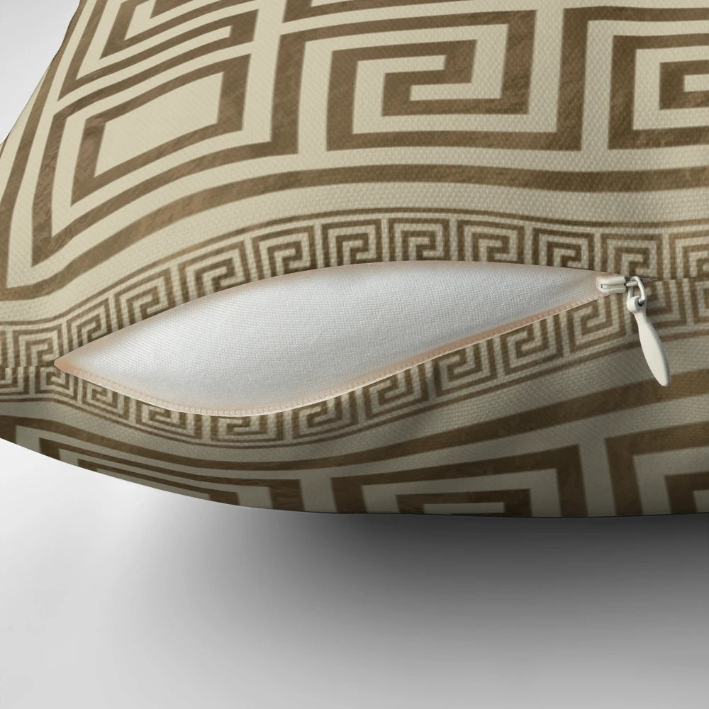Pastel gold decorative throw pillow featuring a classic Greek key meander pattern, a timeless geometric design from ancient Greece.