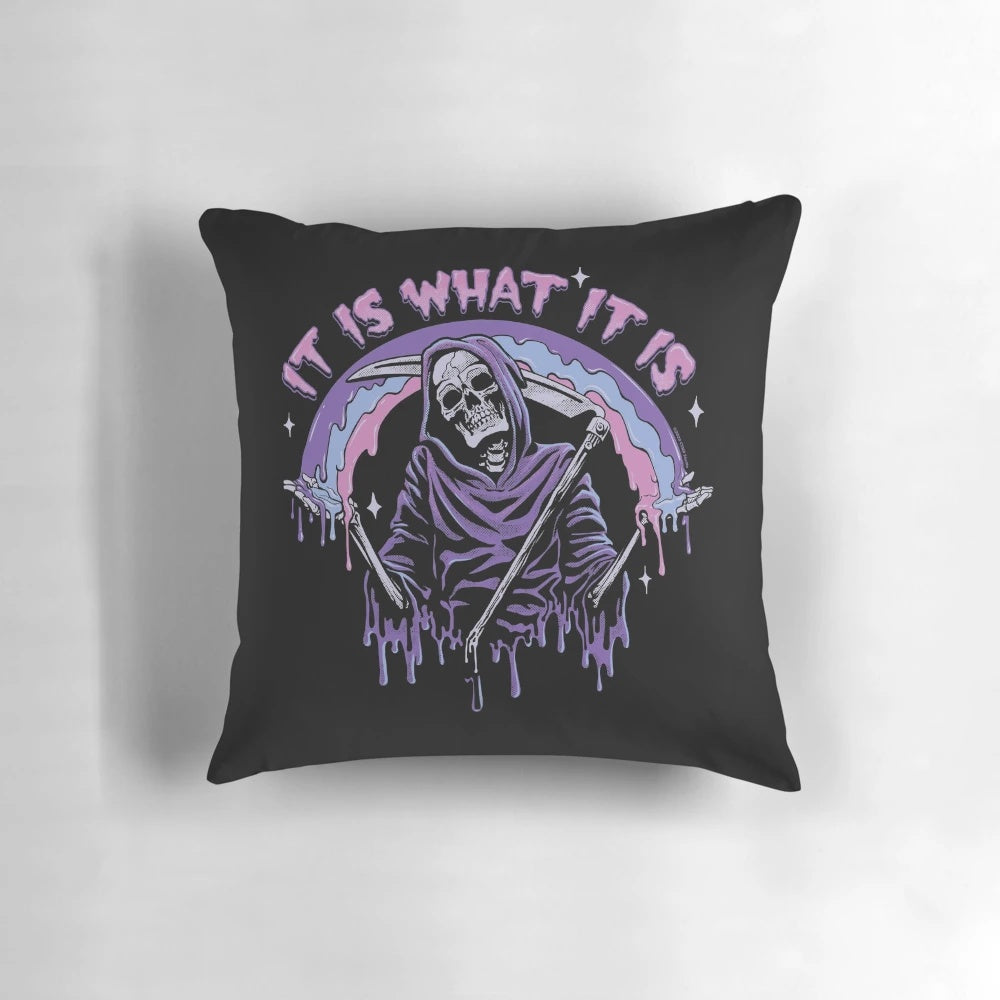 Pastel goth grim reaper drip pillow with dark humor and sarcastic design
