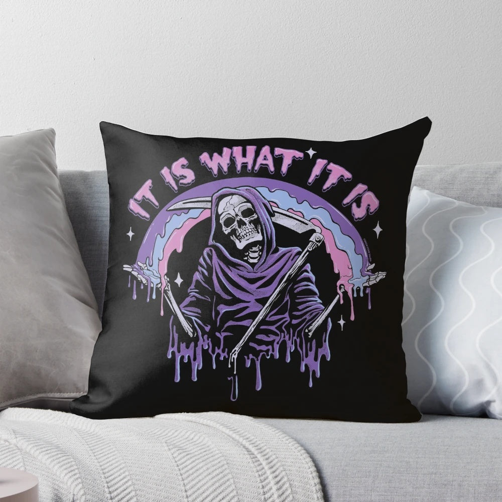Pastel goth grim reaper drip pillow with dark humor and sarcastic design