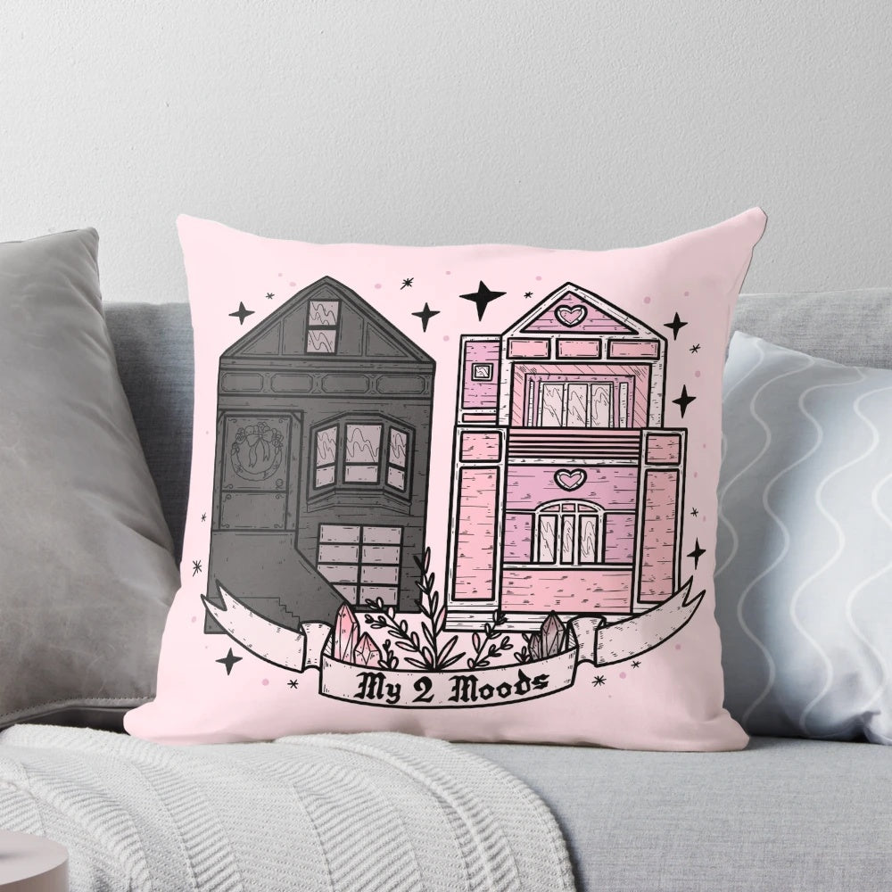 Pastel goth pillow featuring a reversible design with a creepy cute and witchy aesthetic