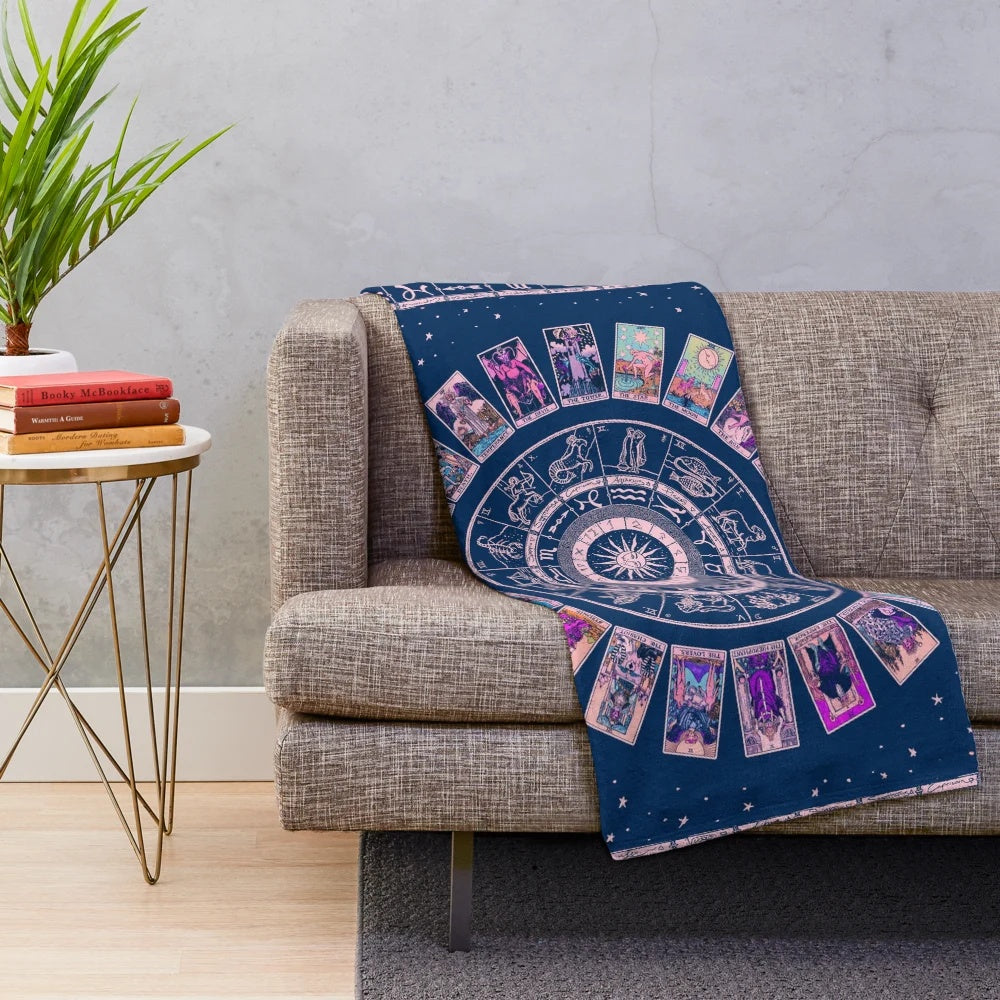 Pastel goth plush blanket featuring astrology chart and major arcana tarot designs