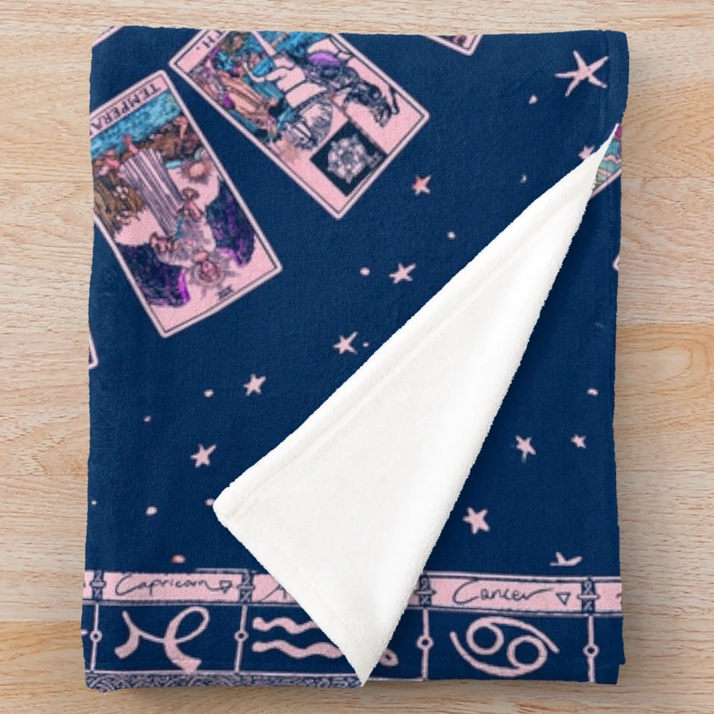 Pastel goth plush blanket featuring astrology chart and major arcana tarot designs