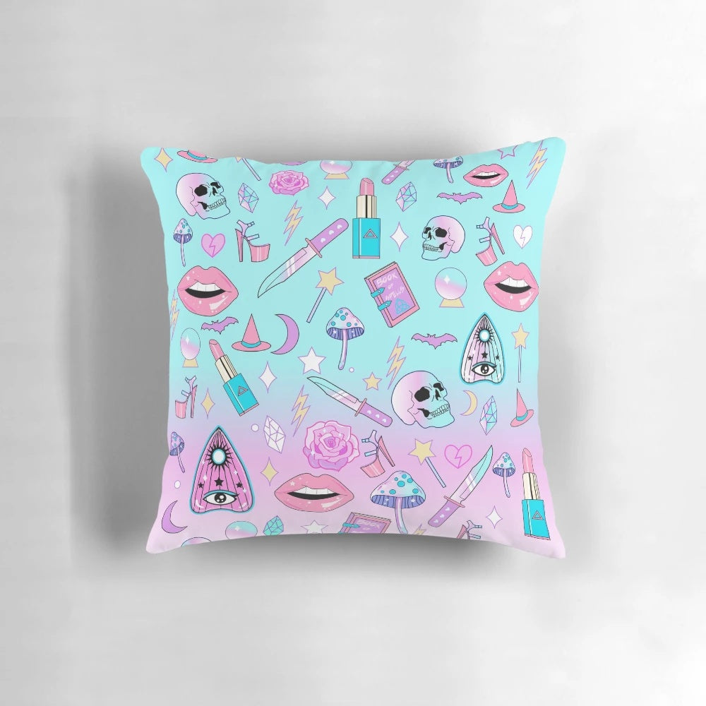 Pastel goth pattern throw pillow with witchy, occult design and gradient colors