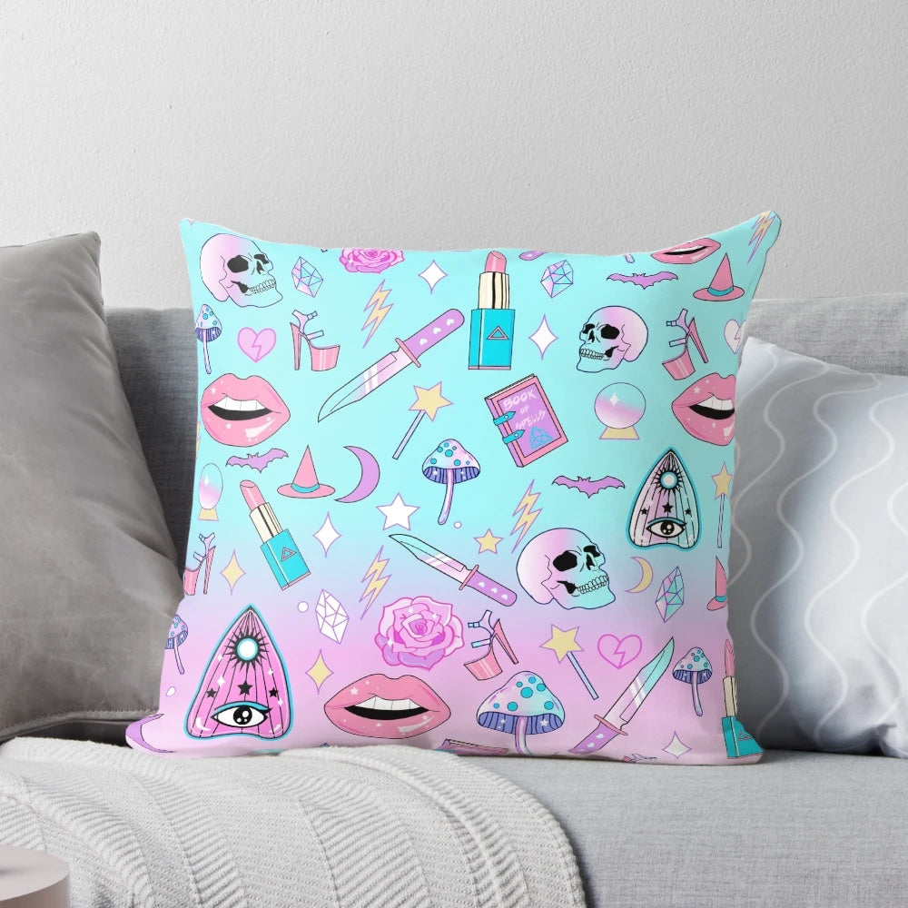 Pastel goth pattern throw pillow with witchy, occult design and gradient colors