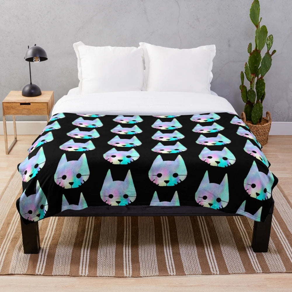Pastel holographic cat plush blanket inspired by the video game "The Stray