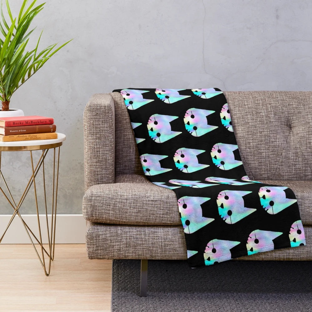 Pastel holographic cat plush blanket inspired by the video game "The Stray