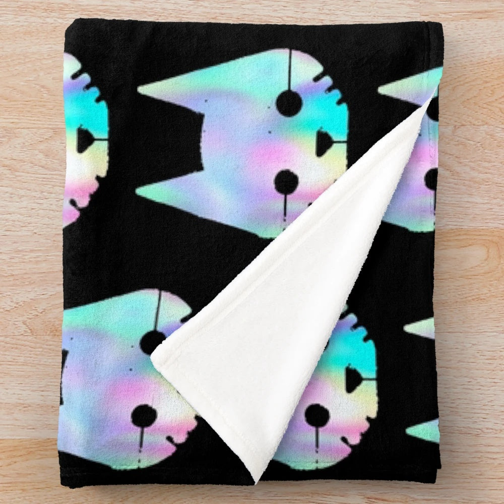 Pastel holographic cat plush blanket inspired by the video game "The Stray