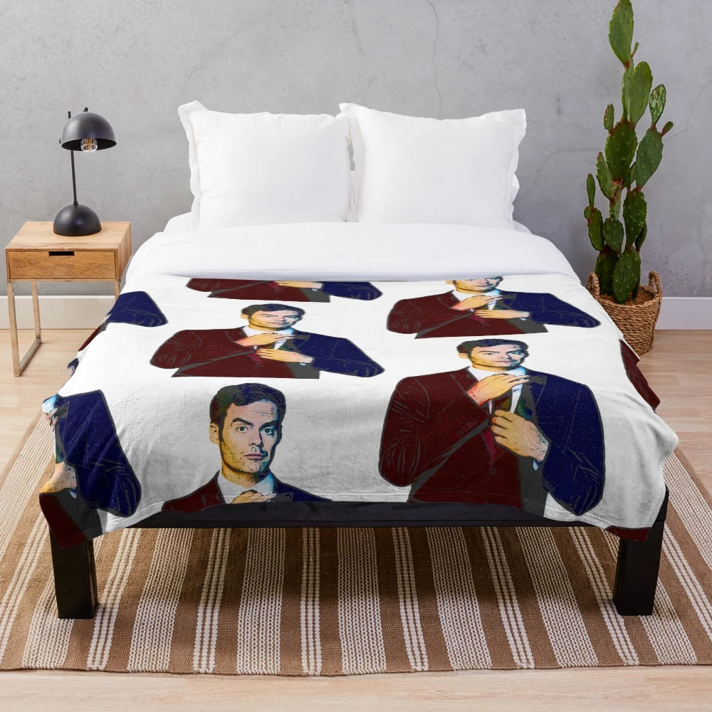 Pastel holographic plush blanket with an image of comedian Bill Hader from SNL